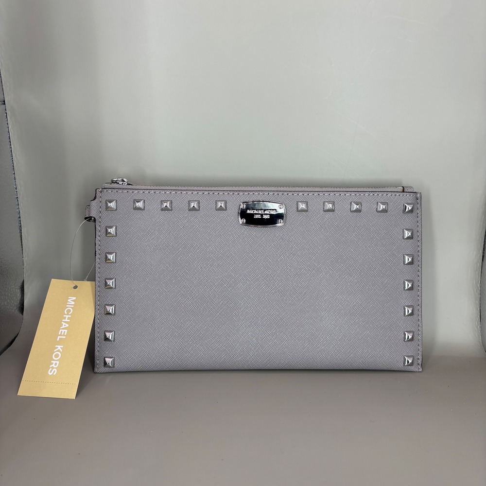 Michael Kors‎ Sandrine Studded Pearl Grey Leather Zip Clutch Wallet Wristlet